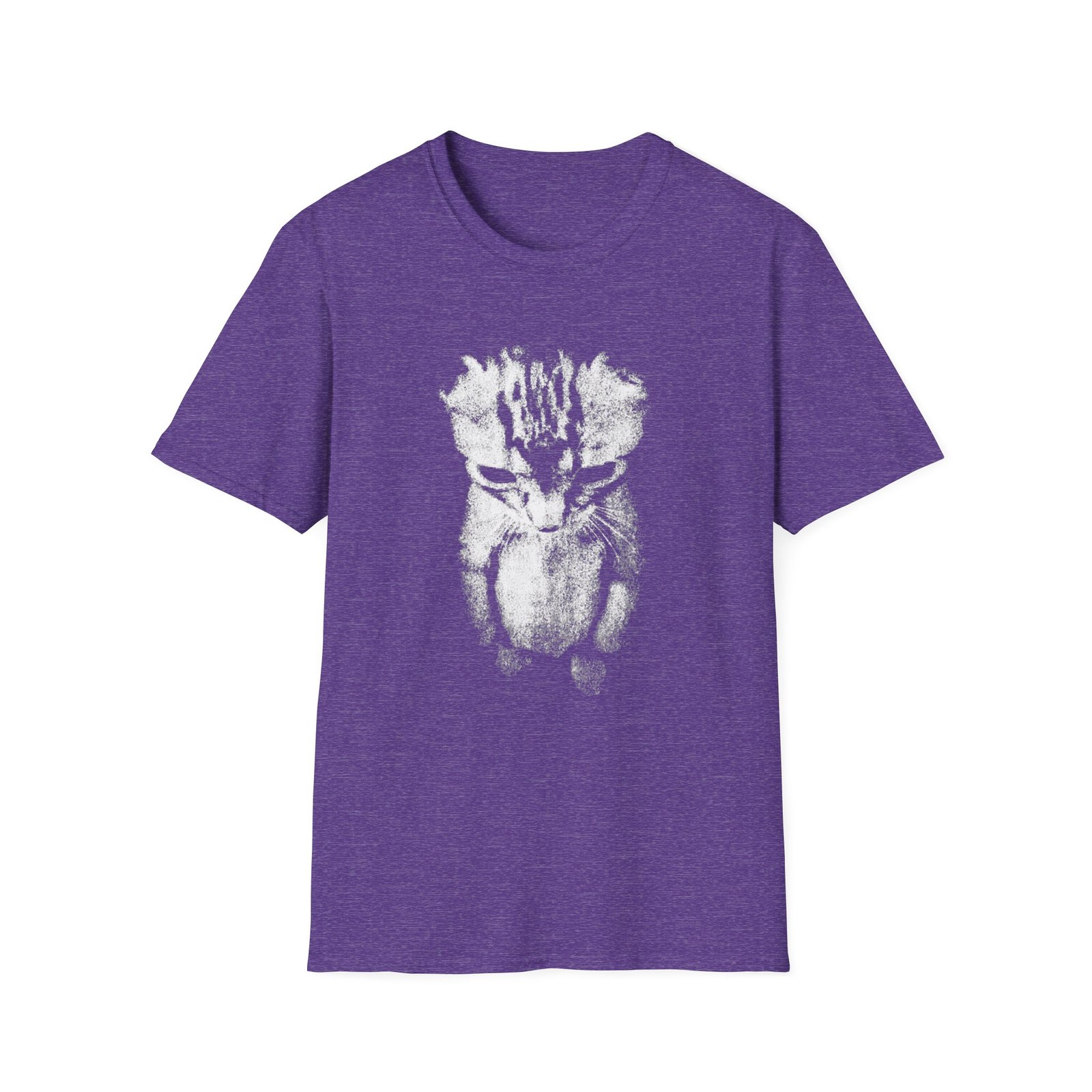 Sad kitten meme standing cat graphic printed on funny meme purple t-shirt
